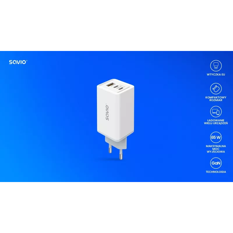 Fonte de alimentação SAVIO LA-07 GaN 65W, USB, QC4.0+, PD 3.0, branca