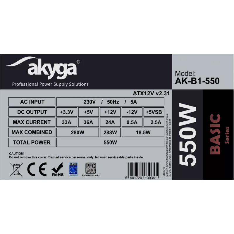 Fonte de alimentação ATX Akyga Basic AK-B1-550 550 W, ventoinha de 120 mm, PFC passivo, cinzento