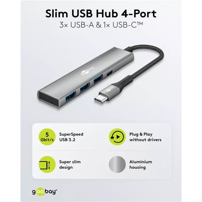 Hub USB slim de 4 portas Goobay USB-C para/USB-A 5 Gbit/s - -Plug> 1x (76562)