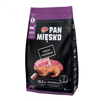 Alimento seco para gatos Pan Miesko vitela com camarão pequeno, adulto, 5 kg, proteína 39%, gordura 16%