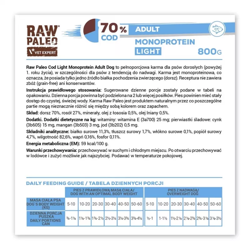VetExpert Raw Paleo Cod Light Monoprotein bacalhau ração húmida para cães 800 g