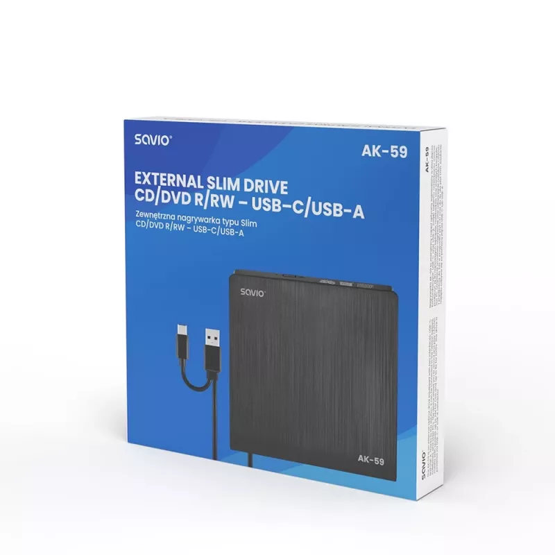 SAVIO AK-59 Gravador externo fino de CD/DVD R/RW - USB-C/USB-A, preto