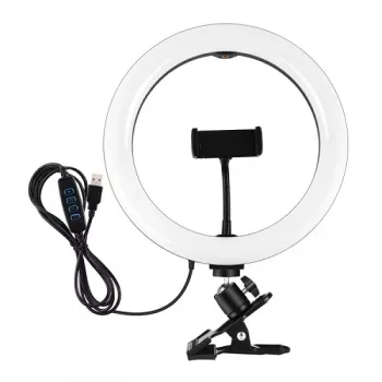 Anel de luz LED 26 cm com suporte para telemóvel e mola, USB