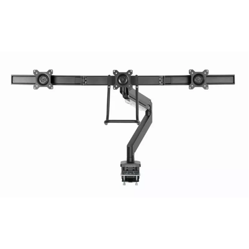 Suporte de monitor de secretária GEMBIRD MA-DA3-03, 3 braços, mola a gás, VESA 75–100x100, suporta 3 ecrãs até 27 polegadas, máx. 18 kg, preto