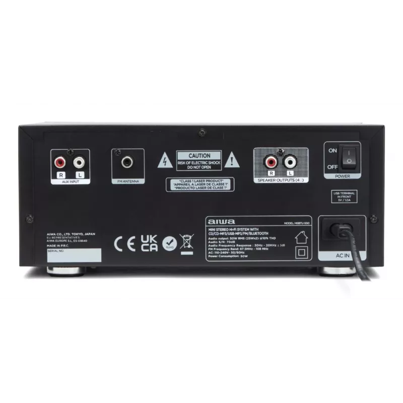 Micro-cadeia de áudio doméstico Aiwa MSBTU-550 — 50 W RMS, Bluetooth 10 m, FM, visor LED, RCA, preto