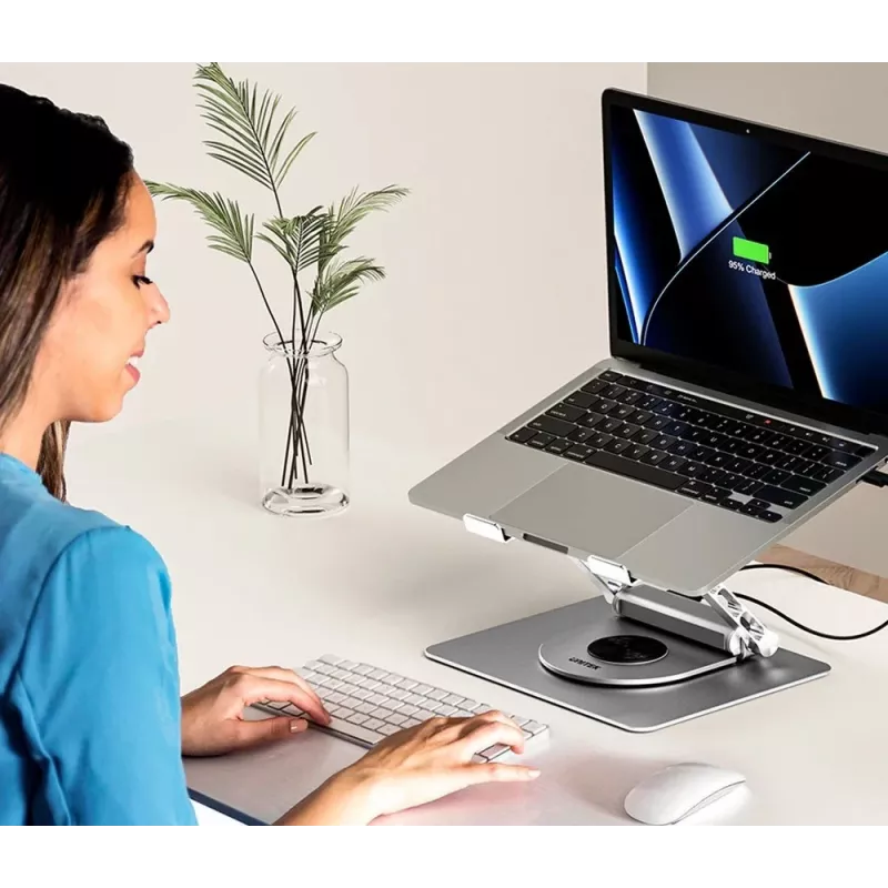 Suporte para portátil Unitek D1109B01 — suporte ajustável em alumínio com USB-C HDMI 4K PD 100W removível, 2x USB-A, RJ-45, para até 17 polegadas