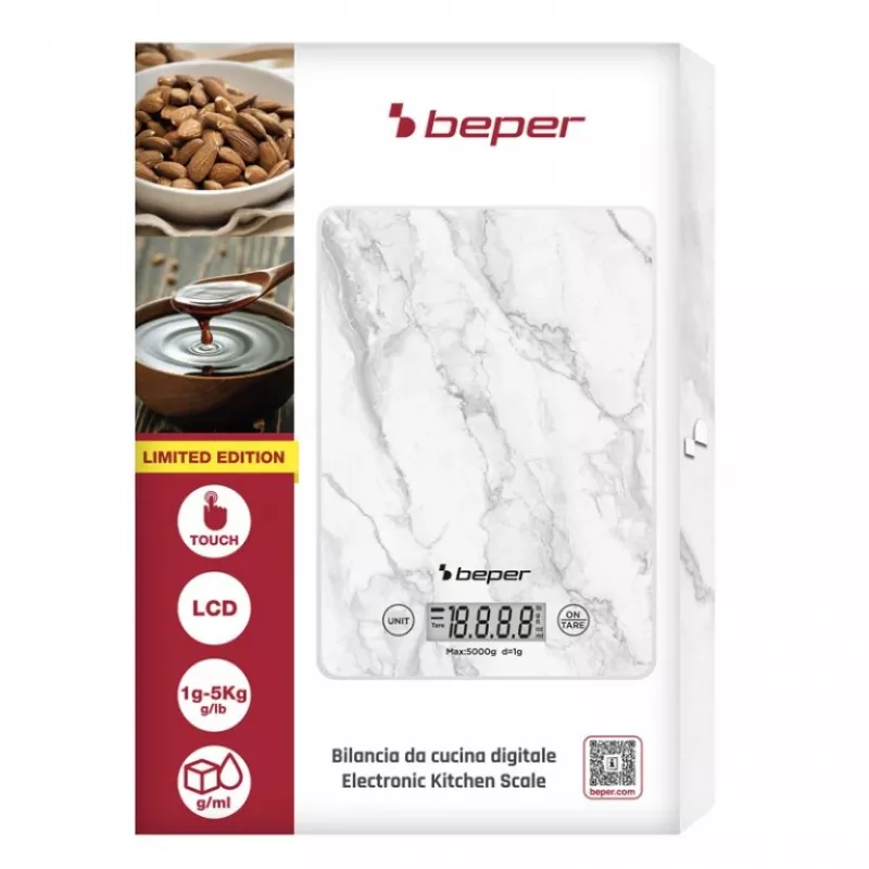 Balança de cozinha Beper P102BIL004 - digital, 5 kg, 1 g, mármore branco