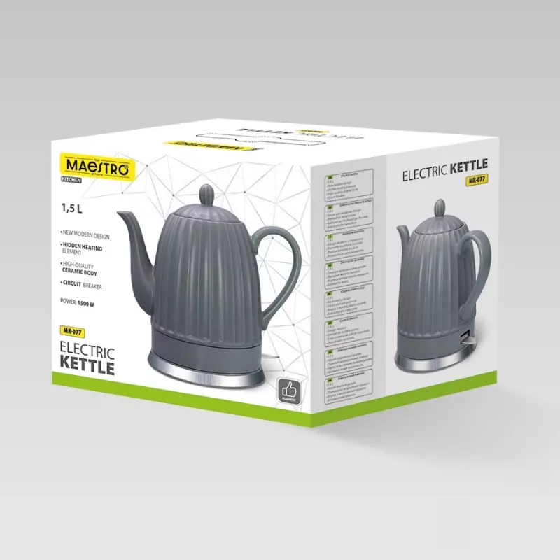 Chaleira Maestro MR-077, 1,5 L, 1500 W, corpo em cerâmica, cinzento