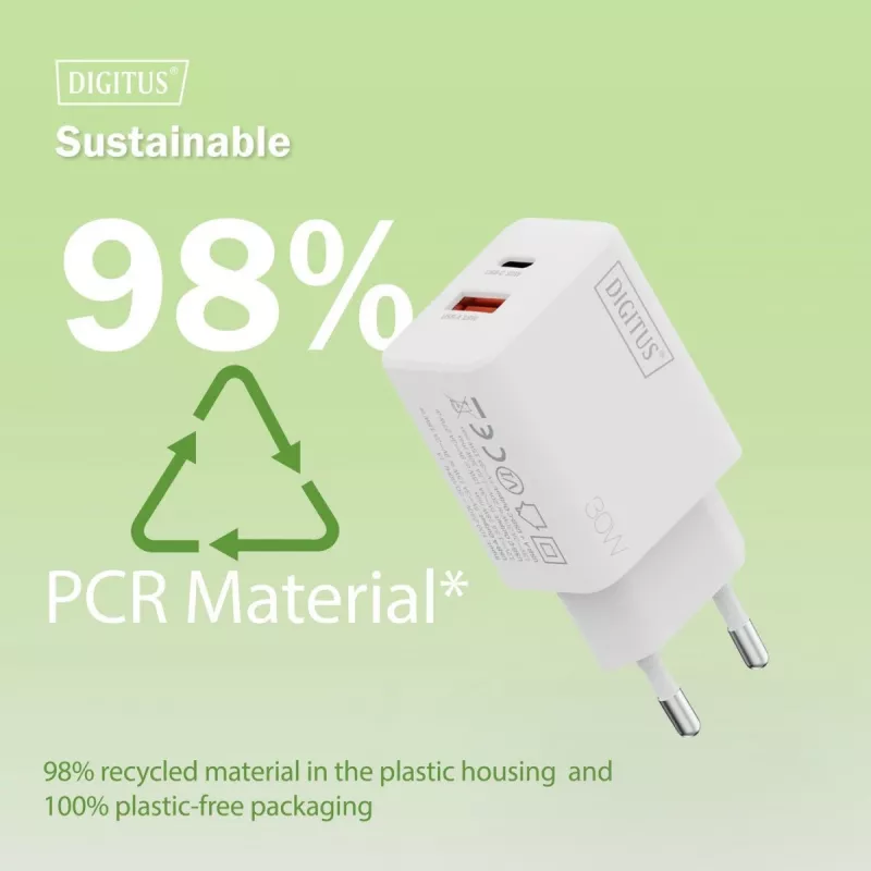 Carregador USB GaN de interior DIGITUS DA-10301 — 30W, 1× USB-C, 1× USB-A, 100–240V, branco