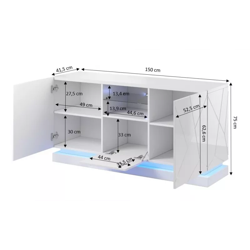 Cómoda QIU 2D1K 150x41.5x75 cm branco brilhante/branco brilhante