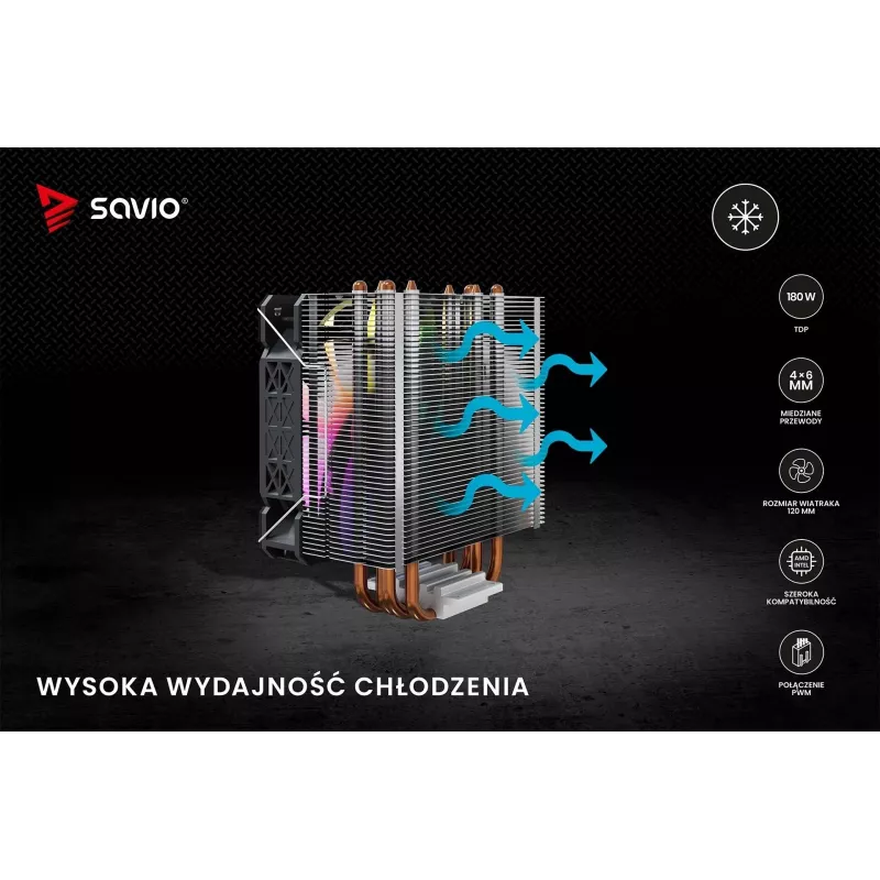 Dissipador de CPU SAVIO SAVGCOVORTEXX2ARGB com 4 heatpipes, ventoinha ARGB de 120 mm, preto