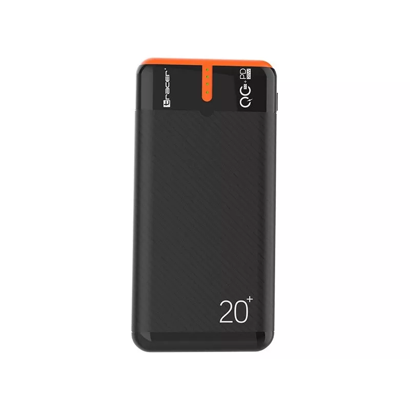Carregador portátil TRACER EnerGen 20000 mAh, Power Delivery 20W, entrada USB-C, 2 saídas USB-A, suporte para 3 dispositivos, laranja