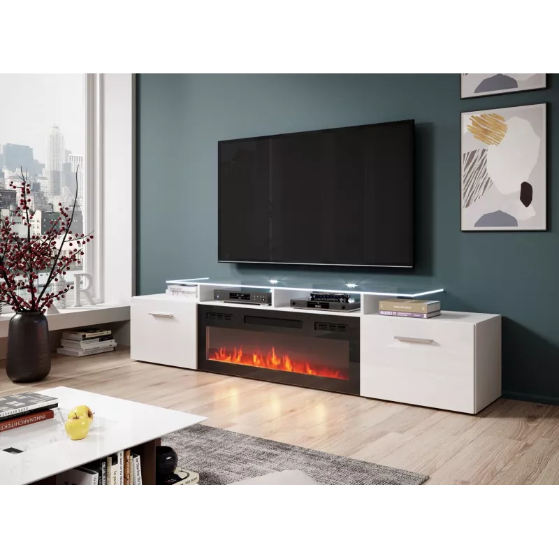Móvel de TV Cama Meble ROVA com lareira elétrica 190x37x48 cm branco/branco brilhante