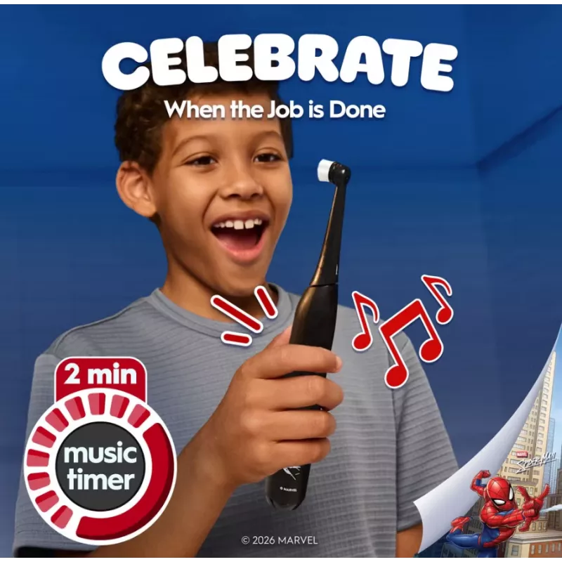 Escova de dentes elétrica BRAUN Oral‑B iO Kids Marvel Spiderman — recarregável, 3 modos, temporizador musical de 2 minutos, estojo de viagem, 1 cabeça de escova, iões de lítio