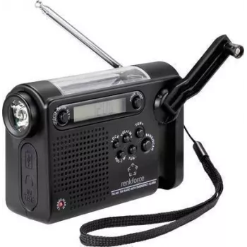 Rádio portátil Renkforce RF-CR-200 FM, MW, KW recarregável, painel solar, manivela, função de alarme, lanterna preto (RF-4694806)