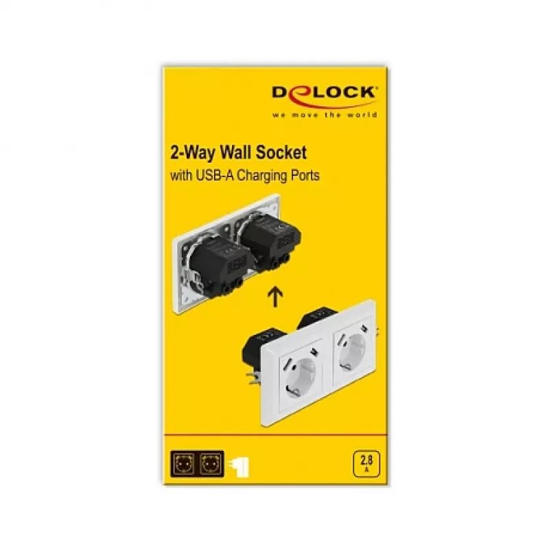 Tomada de parede DeLOCK 2 tomadas com 4 portas USB 2 x 2,8 A