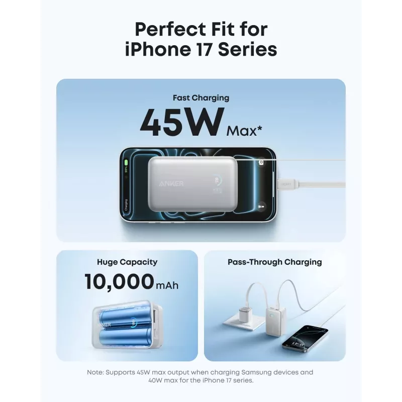 Powerbank Anker A1638 10000 mAh, 45 W de potência total de saída, branco, cabo USB-C retrátil integrado