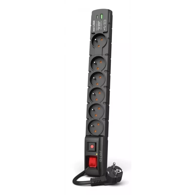 Proteção contra sobretensões ACAR W2436 preto 6 tomadas AC 230V 1,5m (embalagem danificada)