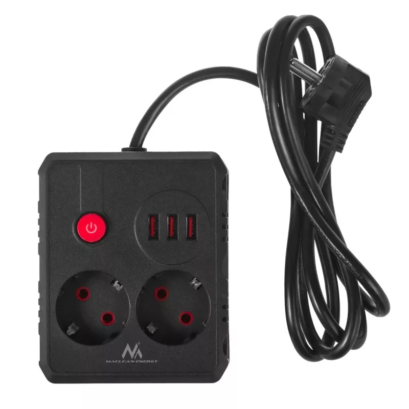 Extensão elétrica MACLEAN MCE387 B — 2 tomadas, 3×USB A, 110–240 V, cabo de 1,5 m, máx. 2500 W