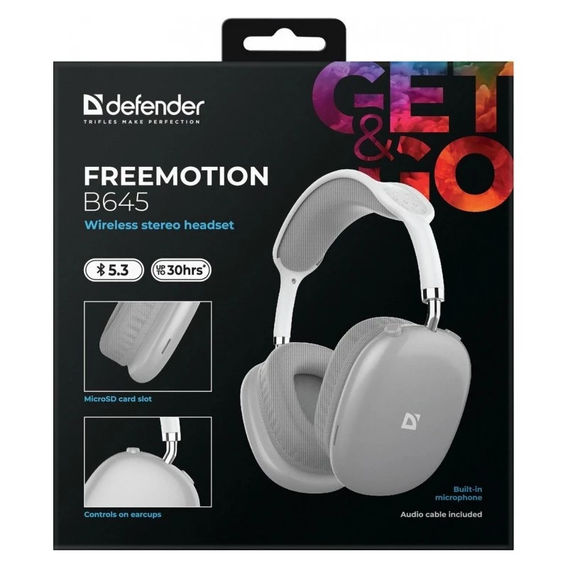 Defender FreeMotion B645 auscultadores Bluetooth on-ear, Bluetooth 5.3, USB-C, jack de 3,5 mm, microfone integrado, 20–20000 Hz, 105 dB, cinzentos