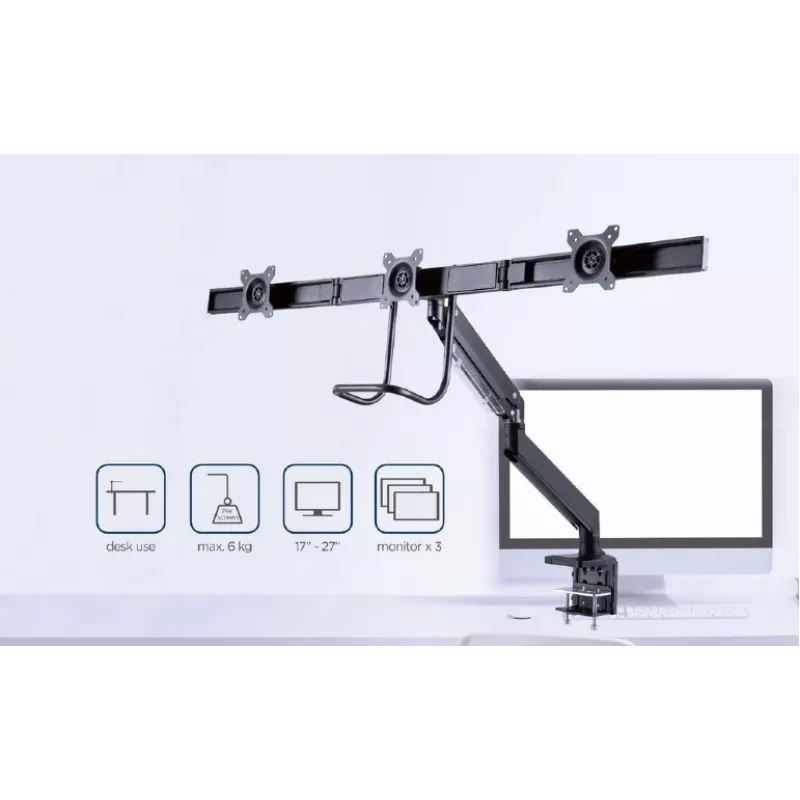 Suporte de monitor de secretária GEMBIRD MA-DA3-03, 3 braços, mola a gás, VESA 75–100x100, suporta 3 ecrãs até 27 polegadas, máx. 18 kg, preto