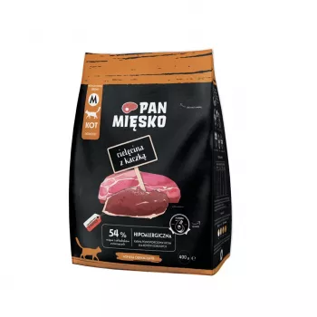 Comida seca para gatos Pan Mięsko vitela com pato, alimento completo para gatos adultos, 400 g, 39 % proteína, 16 % gordura