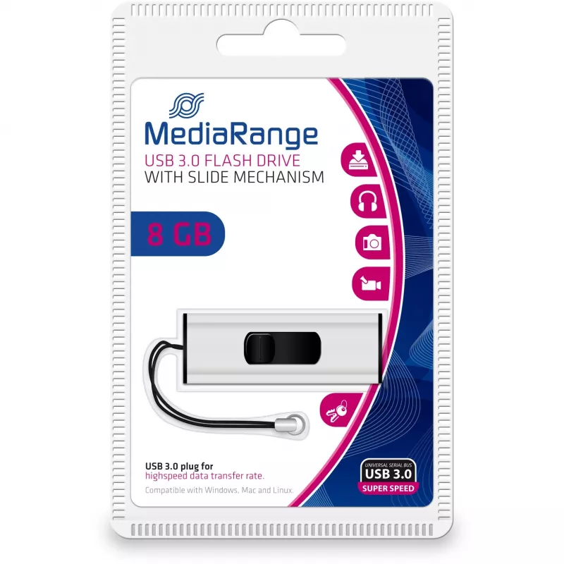 MediaRange SuperSpeed - Pen drive USB - 8GB - USB3.0 - Preto/Prata (MR914)