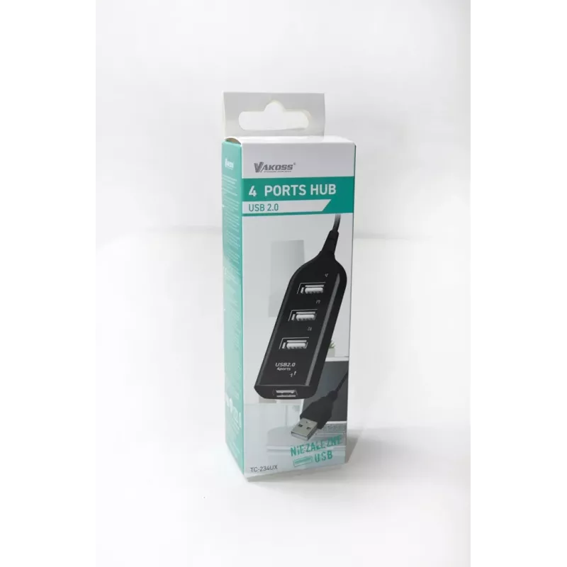 Hub USB VAKOSS TC-234UX — hub USB 2.0 de 4 portas, alimentação DC (5 V, 1 A), preto