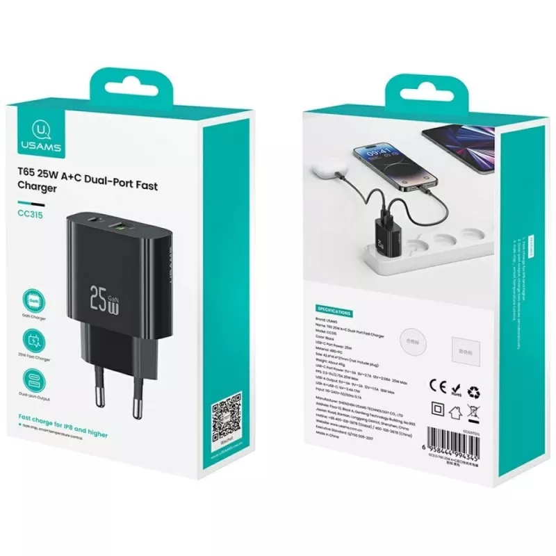 Carregador USB usams USA001629 25W 1×USB-C + 1×USB-A carregamento rápido