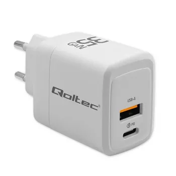 Carregador QOLTEC 51824 GaN 35W USB-C PD & USB QC 3.0, 5–20V, 1x USB-C, 1x USB-A