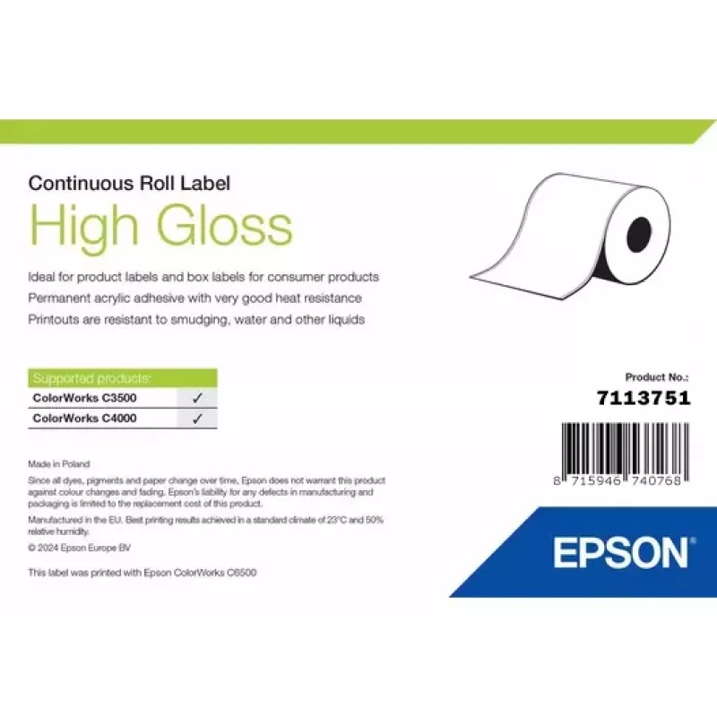 Rolo de etiquetas Epson 7113751, acabamento brilhante, largura 76 mm, comprimento 33.000 mm