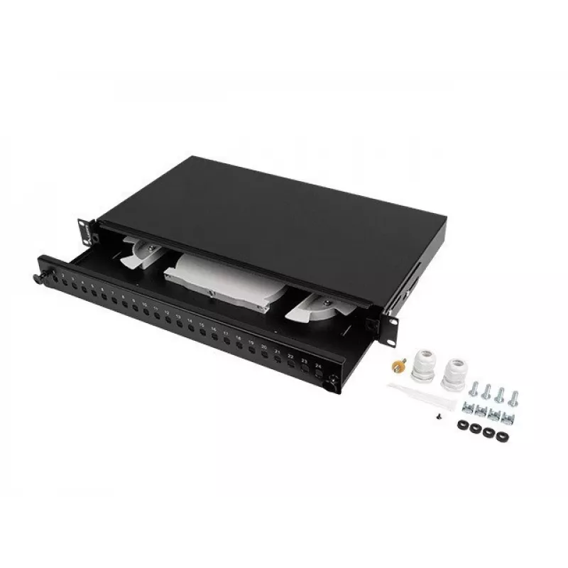 Painel de patch de fibra ótica LANBERG FOP1-24ST-FCB 1U 24xST / 24xFC montagem em rack preto