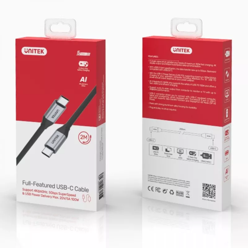 Cabo USB UNITEK C14091ABK USB 3.2 Gen 2 2m USB-C preto