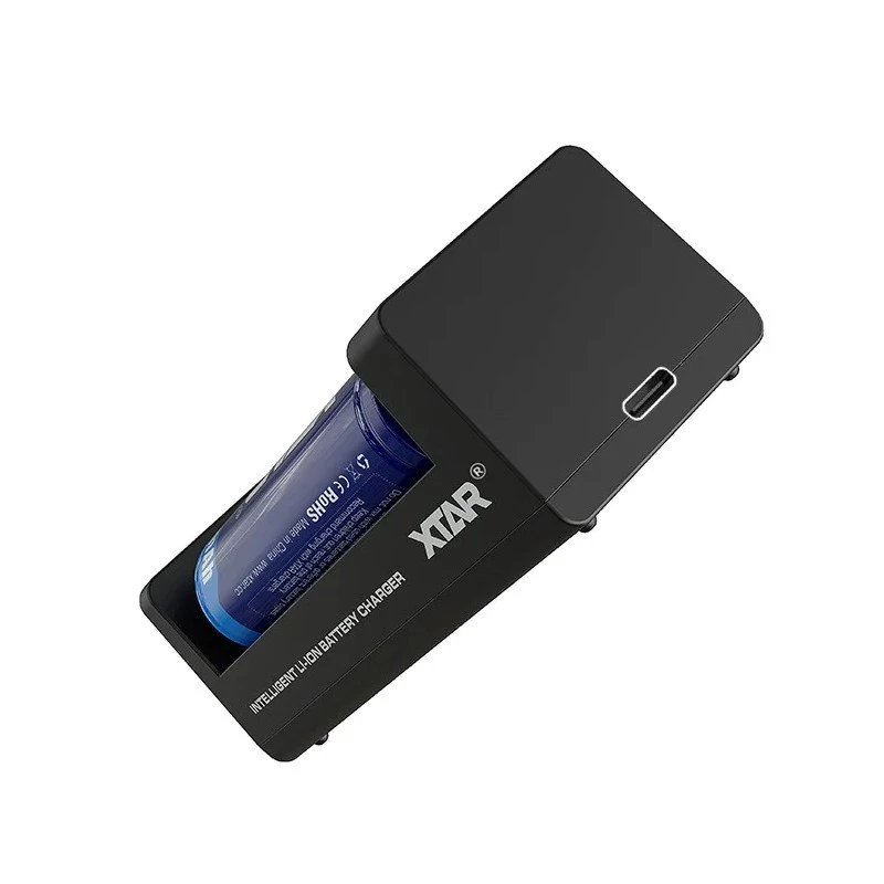 Carregador de baterias Li-Ion XTAR de dois slots para células 18650, entrada USB-C, 2 slots, preto, indicadores LED
