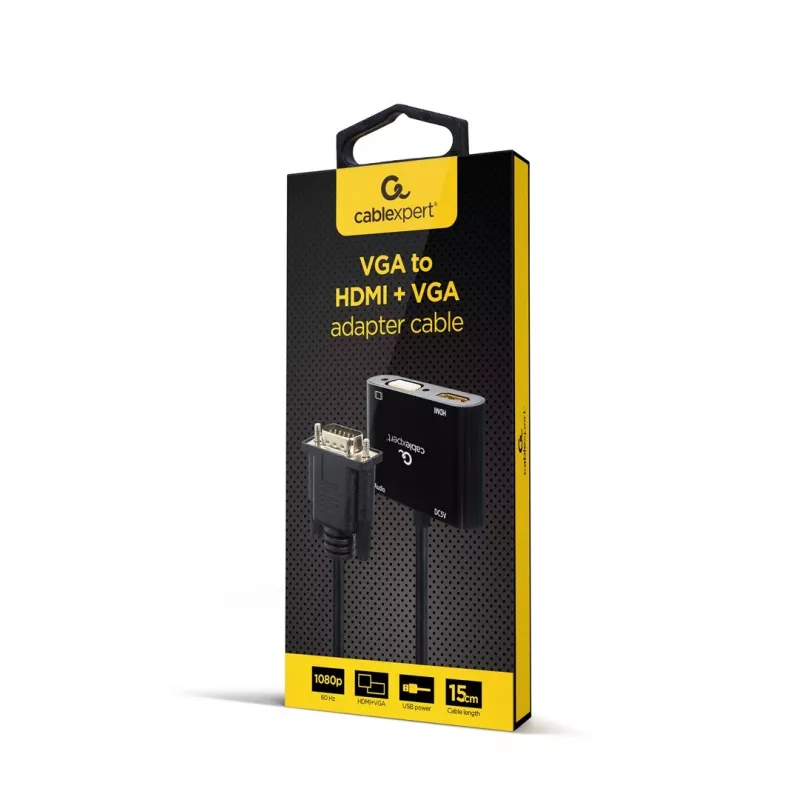 Adaptador de cabo de vídeo GEMBIRD A-VGA-HDMI-02 0,15 m — HDMI + VGA (D-Sub) conector fêmea para VGA (D-Sub) conector macho, preto