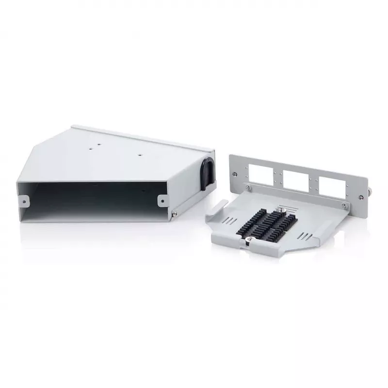 Distribuidor de fibra ótica para calha DIN DIGITUS DN-96893 — angular, 6 SC DX / LC Quad, alumínio, cinzento