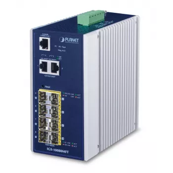 Switch de rede gerido PLANET IGS-10080MFT — 2 x Gigabit RJ-45, 8 x SFP, 12–48V DC, gerido, IP30