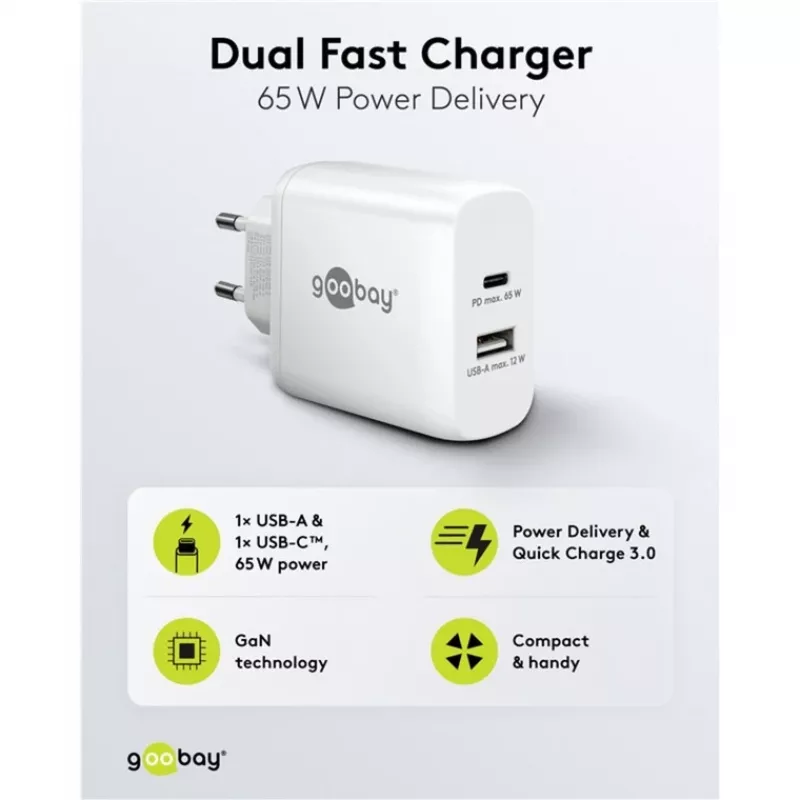Carregador duplo rápido USB-C, PD, GaN, 65 Watt (branco, 1x USB-C, 1x USB-A, Power Delivery)