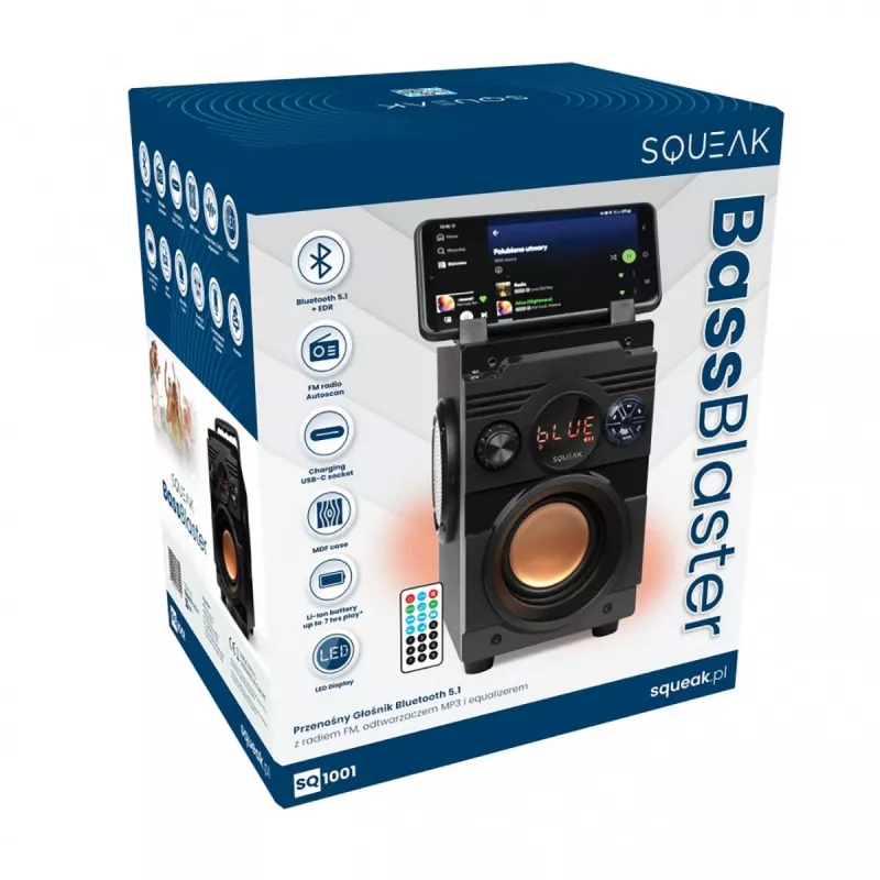 Altifalante Bluetooth 5.1 Squeak Bassblaster, rádio FM, leitor MP3 SQ1001