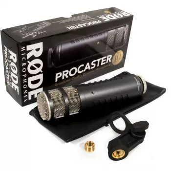 Microfone de estúdio dinâmico RØDE Procaster — com fios, Mini-XLR (3 pinos), 75–18.000 Hz, 32 Ω, -56 dB, preto, 695 g