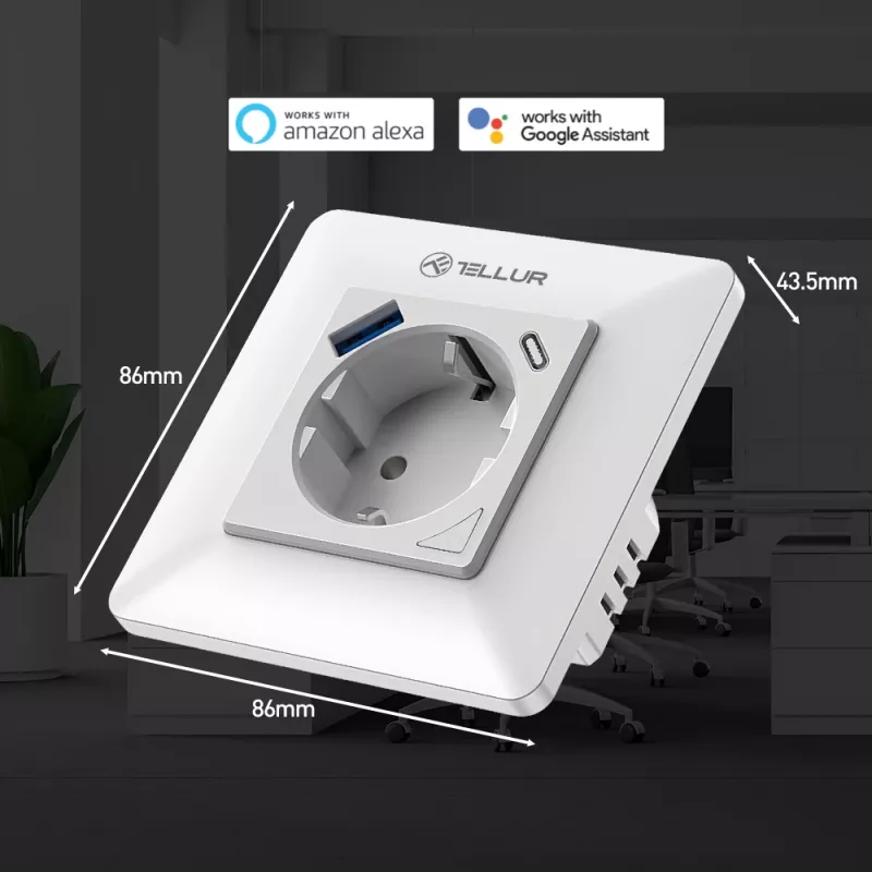 Tomada de parede inteligente WiFi Tellur TLL331531 – 3600 W 16 A, controlo remoto por WiFi