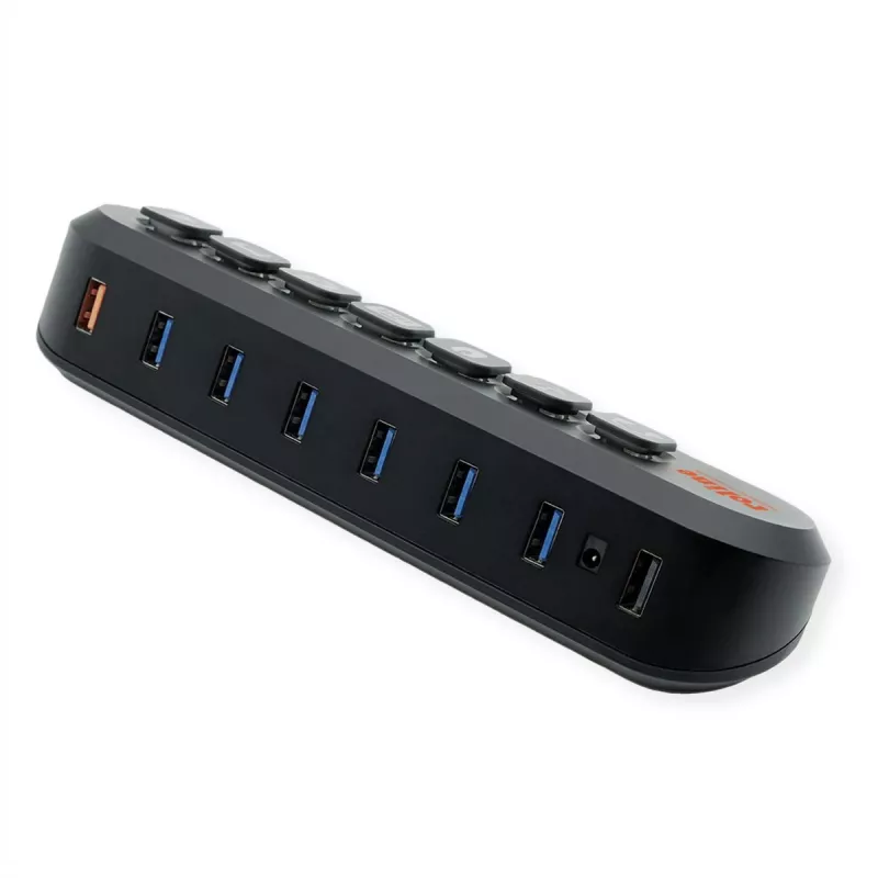ROLINE Hub USB 3.2 Gen 1, 7 portas, botões substituíveis, cabo de ligação Type-A