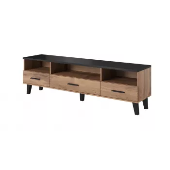 Móvel de TV Cama Meble LOTTA 180 cm — estrutura em carvalho wotan, tampo superior preto mate, 1800×400×530 mm