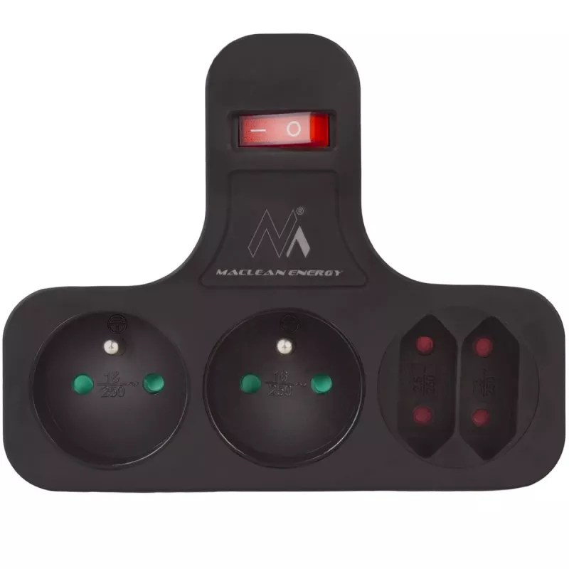 Maclean tomada elétrica, quádrupla com interruptor, pé de estabilização, tipo E, 2x2,5A, 2x16A, MCE224 E/B