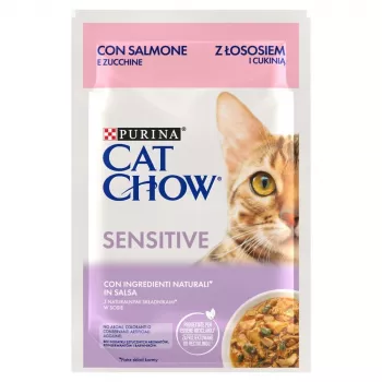 Purina Cat Chow Sensitive Gig com salmão e courgette em molho - comida húmida para gatos - 85 g