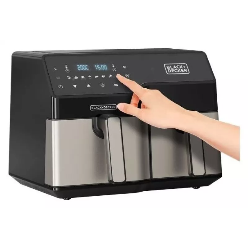 Fritadeira de ar quente Black & Decker BXAF9000E Dual Basket 9 L, 2500 W, 80–200 °C, 2 cestos, 8 programas