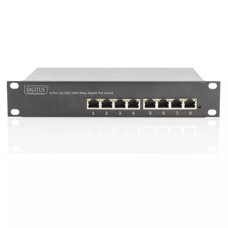 Switch DIGITUS Gigabit Ethernet PoE 8 portas PoE+ rack 10 polegadas, orçamento PoE até 80 W