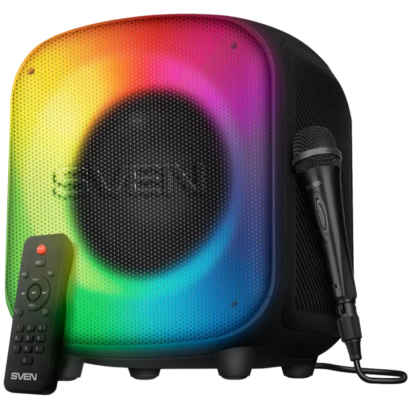 Altifalante SVEN PS-555, preto, potência de saída 65 W (RMS), TWS, Bluetooth, USB, microSD, telecomando, bateria de lítio