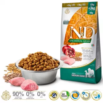 Ração seca para cães Farmina N&D Ancestral Grain Adult Frango 15 kg — 27% proteína, 16% gordura