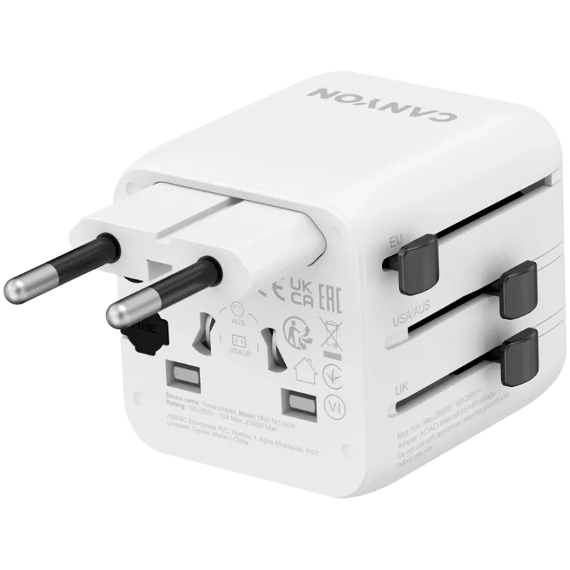 Adaptador de viagem CANYON OnTour One EU UK US AUS branco (CNS-TA1005W) – conversão universal de fichas para EU/UK/US/AUS